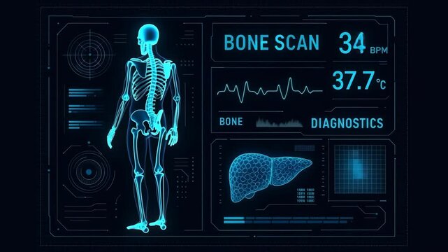 Seamless loop animation of a futuristic medical HUD displaying full-body skeletal scan with bone diagnostics, temperature, and vital signs.