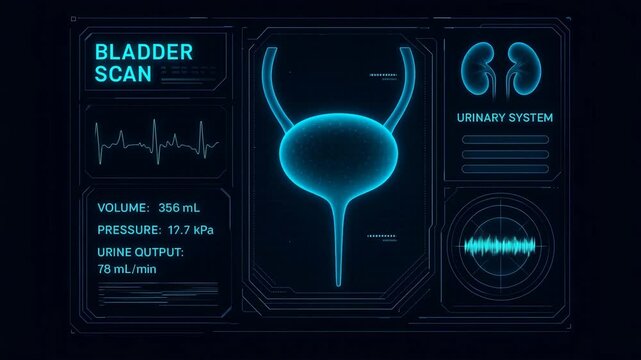 Looping animation of a medical HUD interface analyzing bladder health, urine output, and urinary system diagnostics.