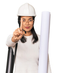 Young Filipina architect with blueprints showing number one with finger.