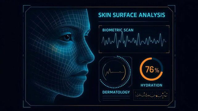 Looping animation of futuristic facial biometric scan interface analyzing skin surface and hydration level.