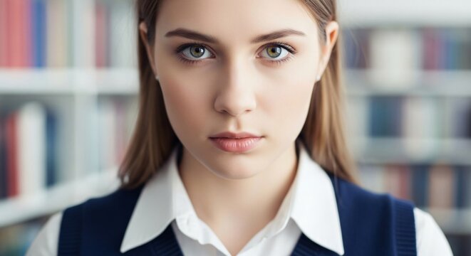 Young woman portrait with serious gaze in library.  Ideal for academic, education, school, university or back to school campaign and mental health, focus themes.