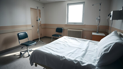 Empty hospital room with iv drip stand and chairs waiting for patient