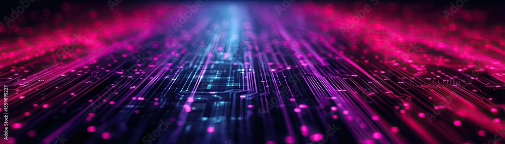 Poster scalable processor using next design concept. a vibrant display of digital lights and neon colors.