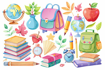 Colorful watercolor collection of school supplies and autumn leaves on white background