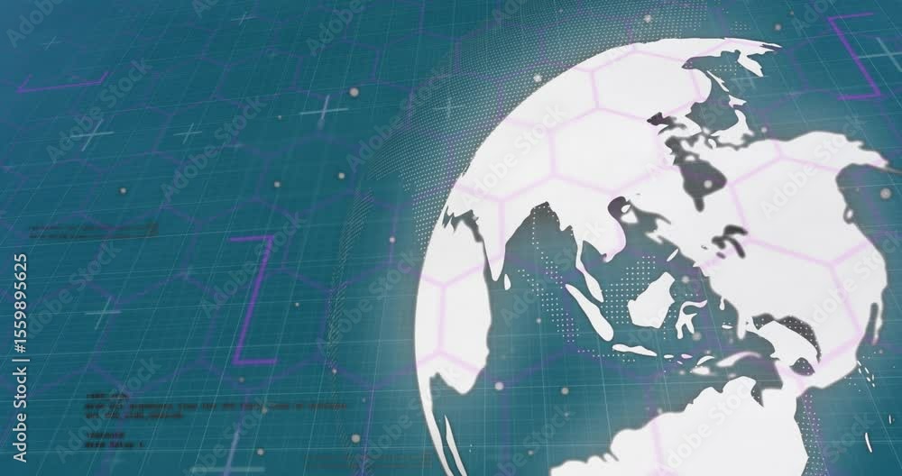 Aufkleber beginning with globe emerging right, digital globe rotating across data grid revealing lands