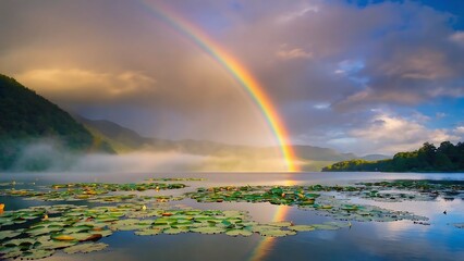 Serene lake landscape featuring a vibrant rainbow, lily pads, misty mountains, and a tranquil atmosphere.