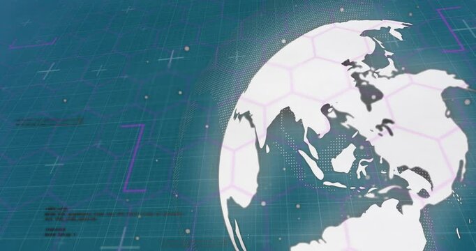Beginning with globe emerging right, digital globe rotating across data grid revealing lands