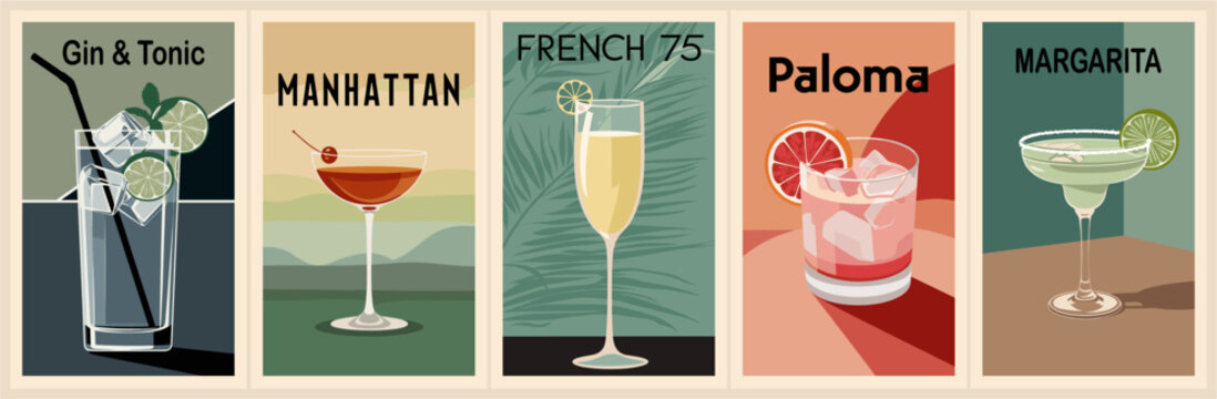 Cocktails retro poster set. Gin and Tonic, Manhattan, French 75, Paloma, Margarita. Collection of popular alcohol drinks. Vintage style vector illustrations, bar, pub, restaurant, kitchen wall art 
