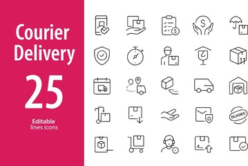 Courier Delivery Line Icons, Parcel, Tracking, Delivery Van, Package, Shipping Label, Home Drop-Off, and More , Editable Formats: AI, EPS, JPG, PNG , Ideal for Both Digital and Print Use