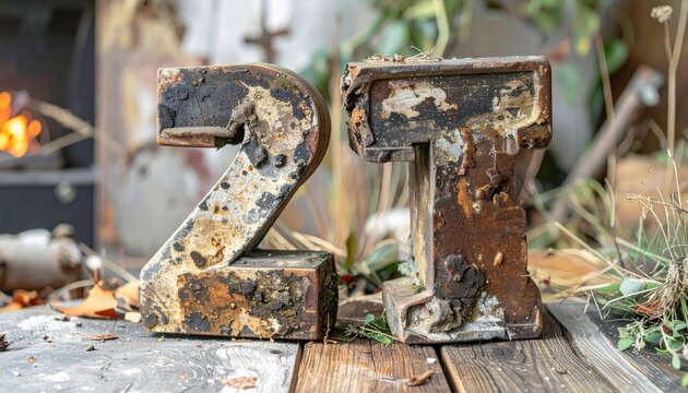 Distressed metallic digits "2" and "1" showing patina of weathering over wooden planks