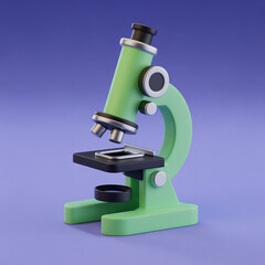 A green 3D cartoon microscope on a blue-purple gradient background, perfect for science themes.   AI Generated.