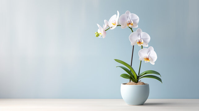 Elegant white orchid in a pot against a soft blue background on a white surface