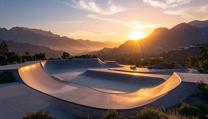 empty skatepark with ramps, half-pipes, urban extreme sport setting