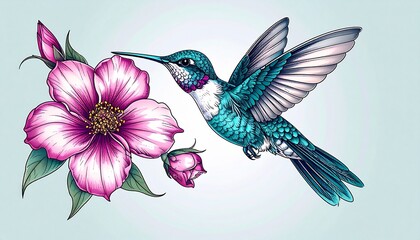 Obraz premium Stunning hummingbird and flower in illustrative tattoo style featuring teal and magenta tones