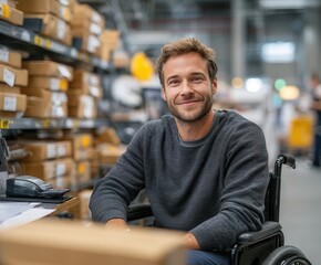 young man in a wheelchair working in a modern postal sorting facility