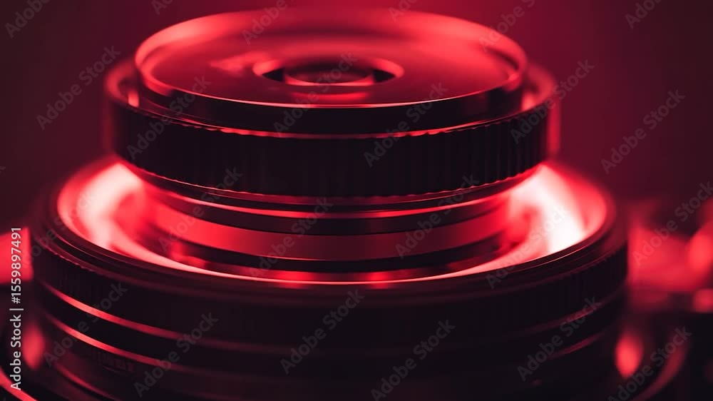 Poster close-up of a camera lens in red light.