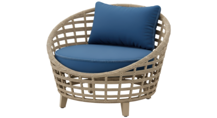 Isolated Rattan Chair with Blue Cushion