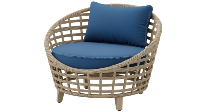 Isolated Rattan Chair with Blue Cushion