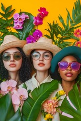 Three women wearing hats