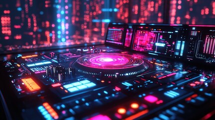 A futuristic nightclub with a holographic DJ spinning glowing tracks