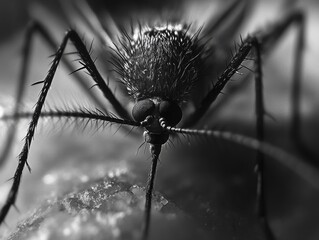 A black and white photo of a bug with a long, thin body and a long, thin head