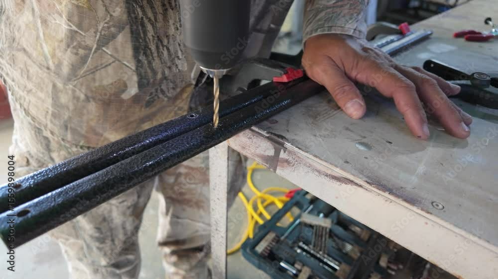 Poster a skilled worker operates a drill, creating holes in metal strips while focused on maintaining accur