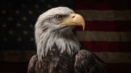 Obraz premium Majestic Bald Eagle Portrait Against an American Flag Background Showcasing Rich Textures and Vibrant Colors in Wildlife Photography