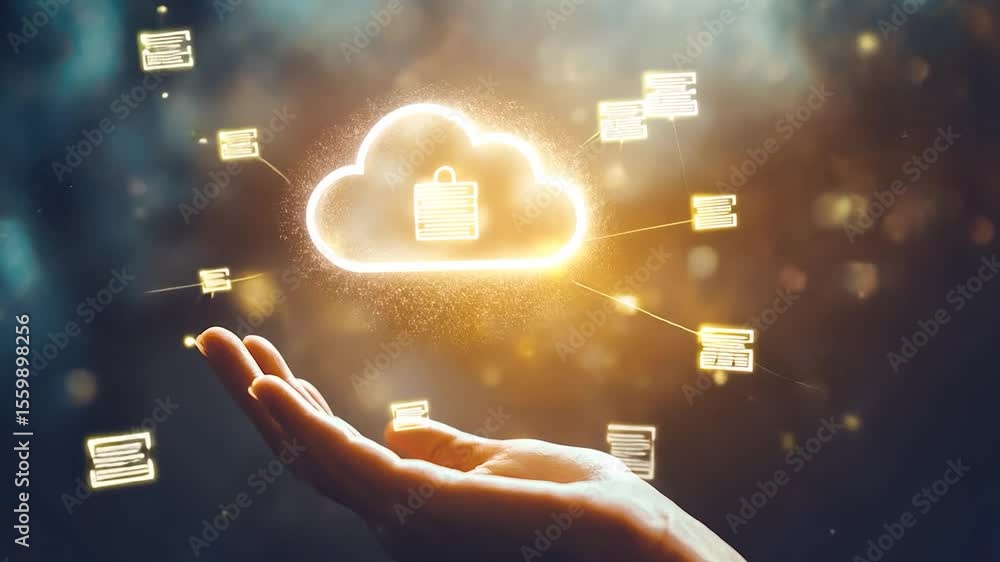 Poster hand holding a glowing cloud with data icons