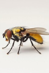 A yellow and black fly with a red head