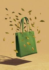 Green tote bag with falling leaves