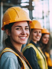 A woman wearing a yellow hard hat and a safety vest