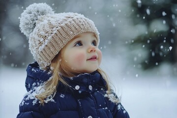 A little girl wearing a blue coat and a hat