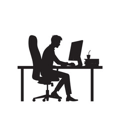 Black Silhouette Vector of Person Working at Office Desk with Computer and Files in Business Scene on White Background Full HD