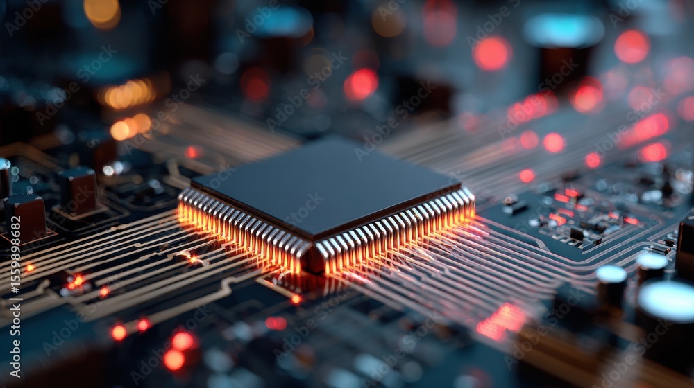 Poster close-up of a modern microchip on a circuit board with glowing connections and neon lights in a high