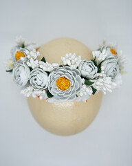 Floral wreath for the bride. Eva foam white wild flowers, beads and plastic stamens on wires combened into headband.