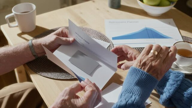 Retired husband and wife unfolding letter with new bank card over kitchen table with cups of tea and reading information about credit terms and conditions