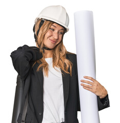 Blonde architect with plans in studio touching back of head, thinking and making a choice.
