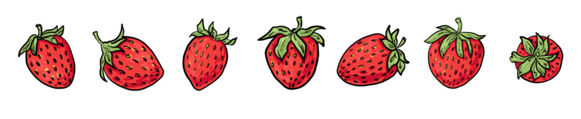 Strawberry collection with berries in different angles. Playful, bold, hand-drawn elements. Great for patterns, stickers, packaging and sweet summer designs.