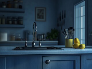 A sink with a yellow pot on top of it