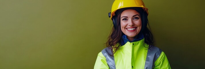 A woman wearing a yellow jacket and a yellow helmet