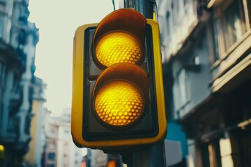 A yellow traffic light with a red light on the top
