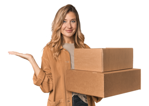 Blonde Caucasian moving with large boxes showing a copy space on a palm and holding another hand on waist.