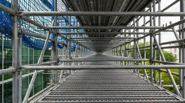 Industrial Walkway with Metal Grating and Structural Framework