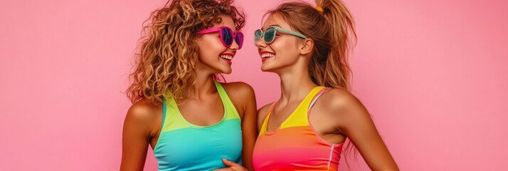 Two women wearing colorful tank tops and sunglasses