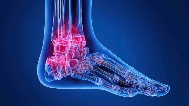 Transparent anatomical illustration of a human ankle displaying pain points in red, showcasing bones and ligaments under electric blue background for medical education.