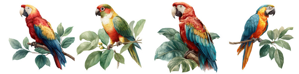 Watercolor Collection of Vibrant Parrots on Branches Tropical Illustration