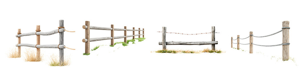 Obraz premium Watercolor Rustic Wooden Fences Isolated Elements