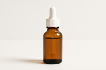 Amber glass dropper bottle on white background, minimal studio shot