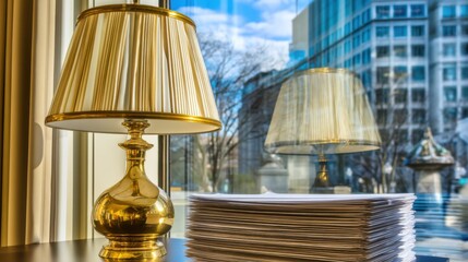 Shiny golden table lamp with pleated shade on surface, ornate rounded base, slender neck, stack of white papers, large window, cityscape, tall buildings, partly cloudy blue sky, bare trees, 