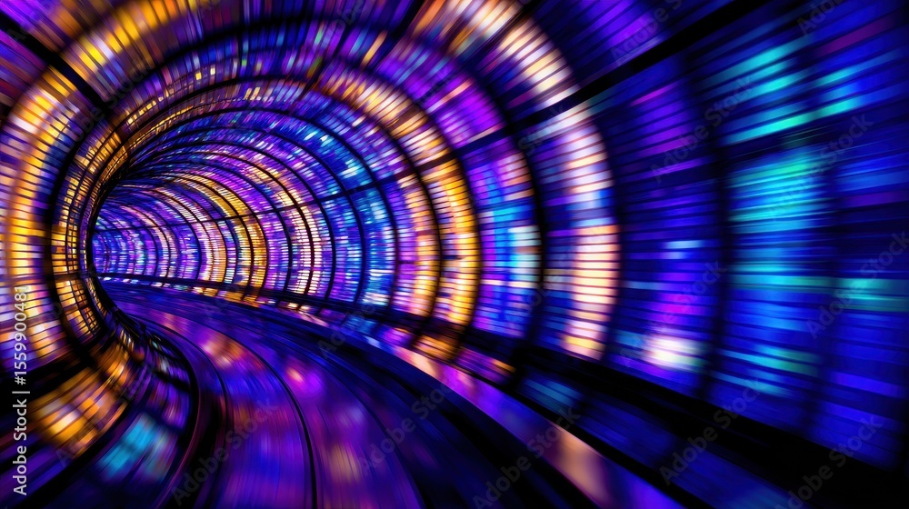 Poster vibrant illuminated tunnel with colorful lights creating a dynamic motion effect